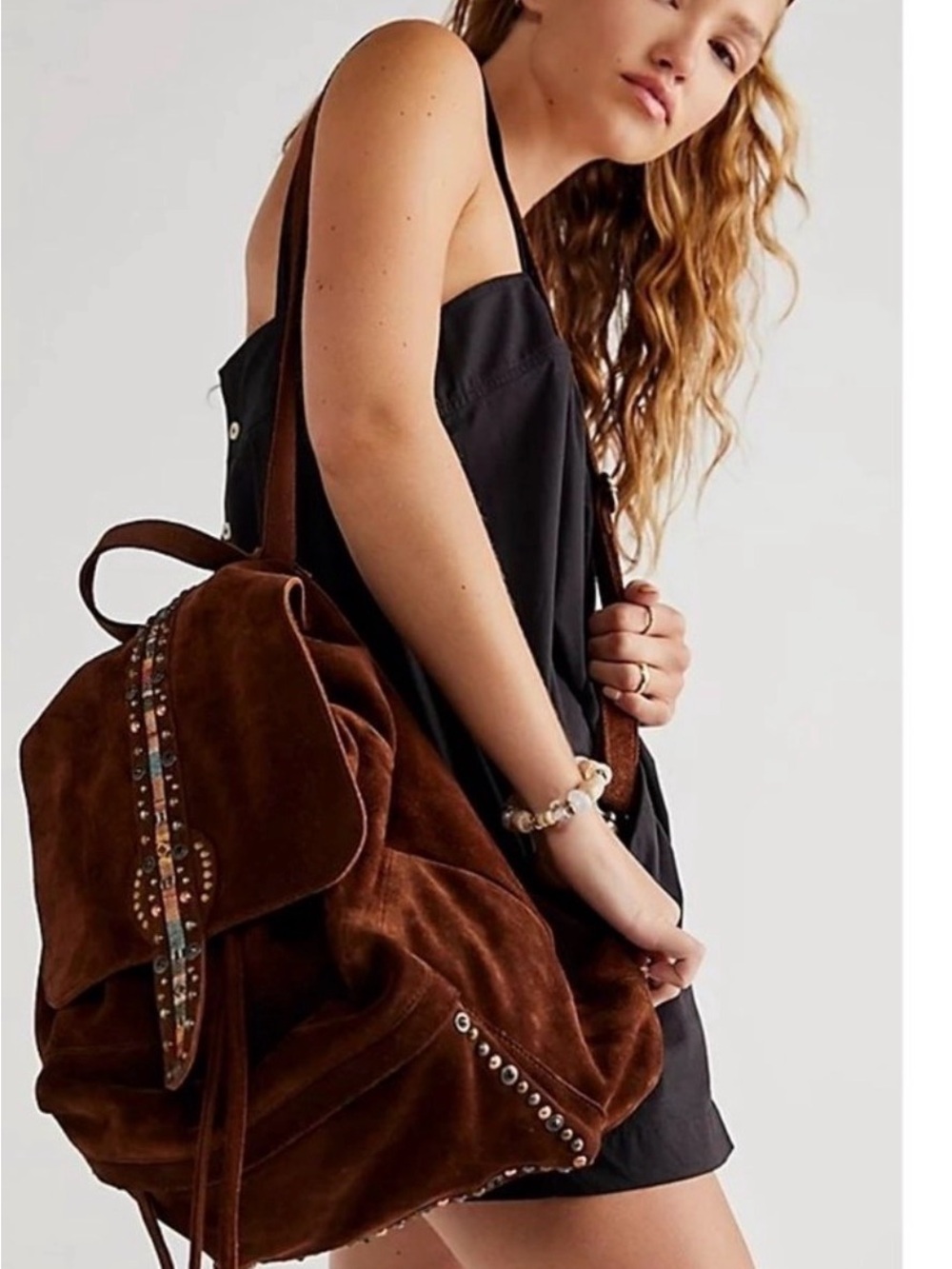 Free People Sardona Vintage Brown Suede Studded Backpack